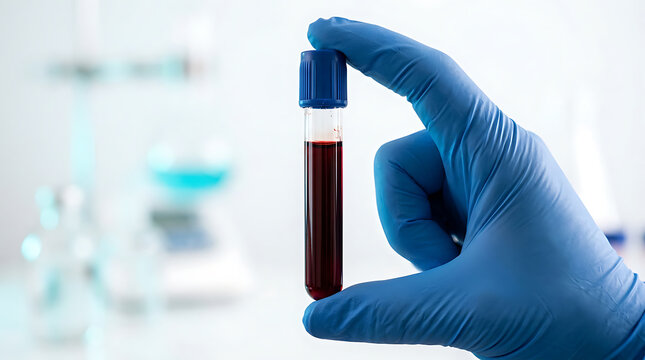 laboratory technician hand in blue glove holding a test tube with blood sample in a medical lab setting