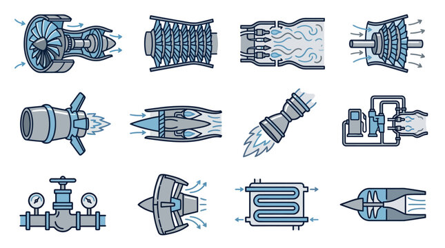 Industrial of Various Types of Jet and Propulsion Engines with Flow Direction in Blue and Gray with high quality professional line art symbols for modern creative design and digital branding projects