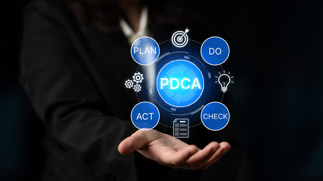 Business Professional Presenting PDCA Cycle Concept with Visual Graphics for Continuous Improvement and Project Management Strategy. Bitwise.