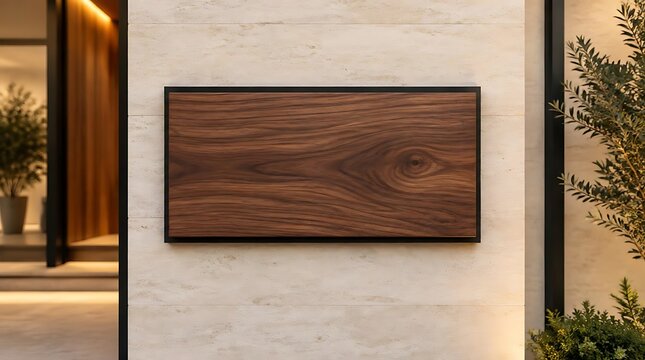 Blank dark wooden signboard mockup on textured stone wall with minimalist black frame. Modern exterior architectural signage with natural grain and soft warm lighting for branding display.