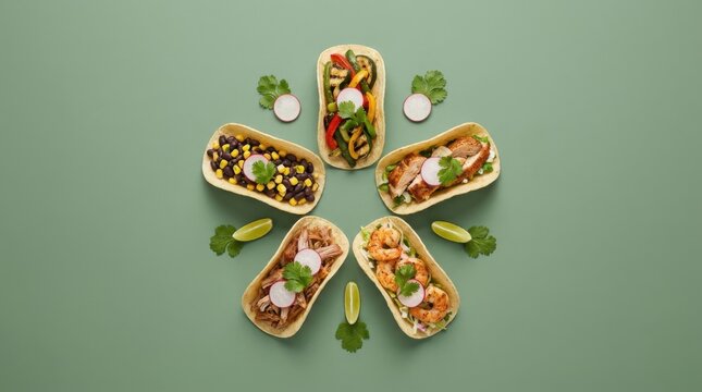 Circular Flower Pattern Arrangement of Mini Tacos and Lime on Green