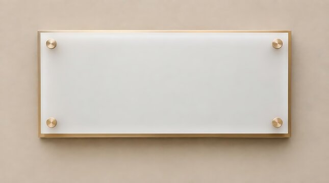 Minimalist blank white acrylic sign with gold standoffs on a beige wall. Elegant office directory plaque mockup for names or professional messages.