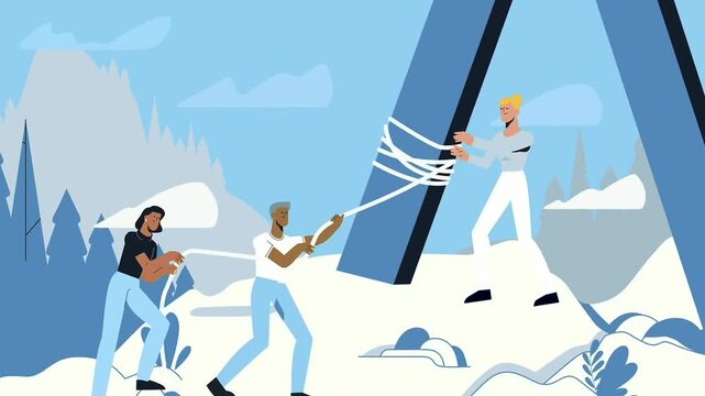 Diverse team working together pulling heavy structure using ropes in this smooth flat vector style corporate motion video footage clip