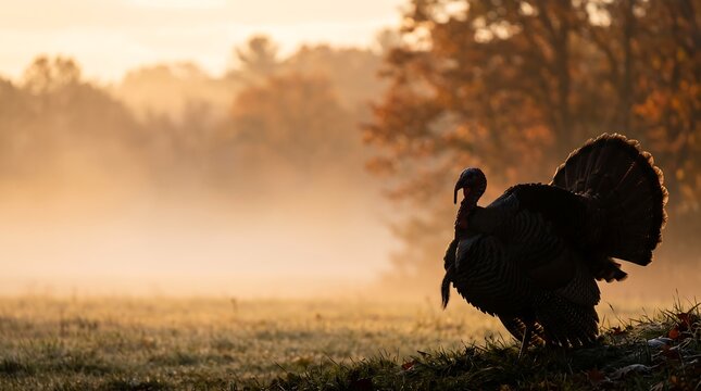 A majestic wild turkey standing in a misty meadow at sunrise.
