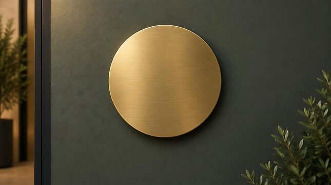 Minimalist circular brushed gold sign mockup on dark green textured wall with green indoor plants, elegant blank brass plaque for company logo or name presentation in modern office setting.