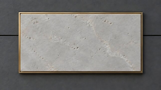 Minimalist rectangular travertine stone slab with thin elegant gold metal frame mounted on dark charcoal textured wall, luxury architectural interior decor element for contemporary design.