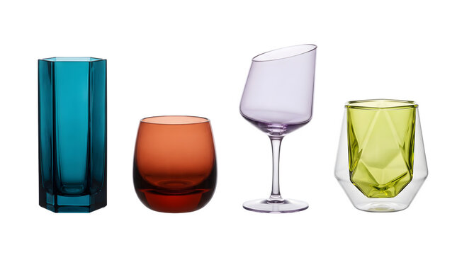 Set of four modern colorful glass vessels isolated on transparent background