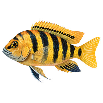 Yellow Striped Cichlid Fish Illustration on White Background