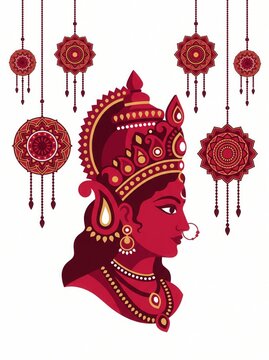Portrait of goddess durga in profile view with traditional decorative hanging ornaments isolated on white background