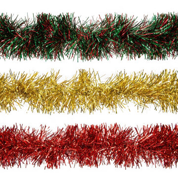 Three strands of festive christmas tinsel isolated on transparent background