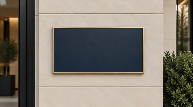 Minimalist blank black rectangular sign with elegant gold frame mounted on a modern light-colored stone wall, ideal for premium boutique or corporate office branding mockup.