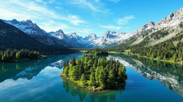 Aerial view of pristine alpine lake with forested island and snow-capped mountains, wilderness landscape