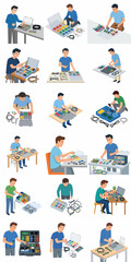 Fototapeta premium Large set of flat vector illustrations featuring men engaged in technical DIY activities like computer assembly, electronic repairs, hardware troubleshooting, and hobbyist engineering projects.