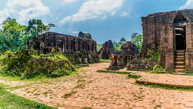 A view of the ancient Hindu temple ruins of the My Son Sanctuary located in Quang Nam Province, Vietnam on a bright sunny day