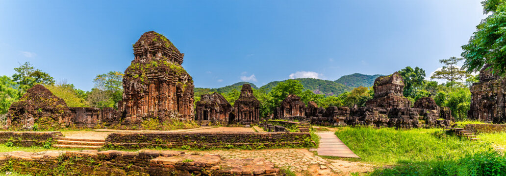 A panorama view of ancient Hindu temple ruins in the My Son Sanctuary located in Quang Nam Province, Vietnam on a bright sunny day
