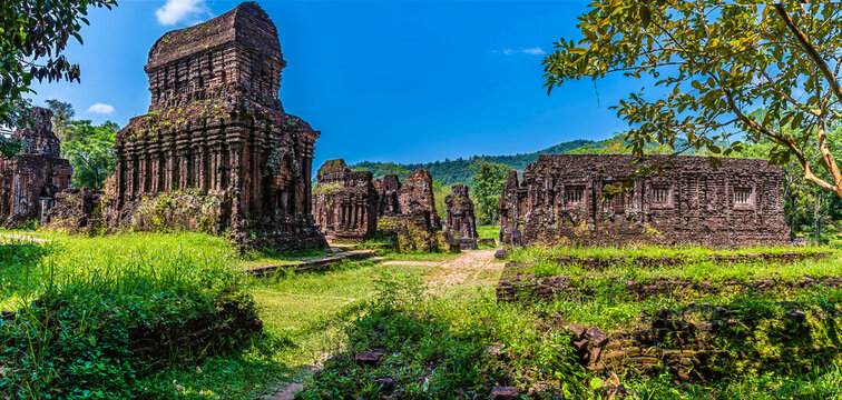 A view of ancient Hindu temple ruins in the My Son Sanctuary located in Quang Nam Province, Vietnam on a bright sunny day