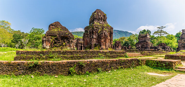 A view from the front of the ancient Hindu temple ruins in the My Son Sanctuary located in Quang Nam Province, Vietnam on a bright sunny day