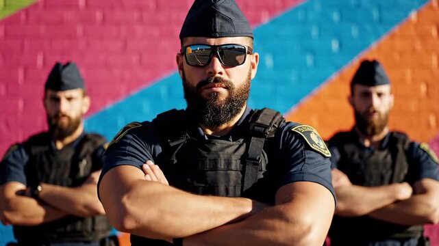 Three men in military-style caps and tactical vests stand with their arms crossed in front of a colorful brick wall, exuding a sense of security and authority