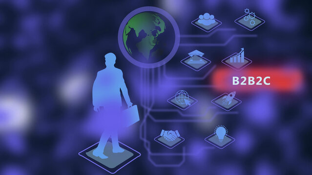 A blue silhouette of a businessman holding a briefcase next to a globe and digital network symbols with the word b2 c in a red rectangle