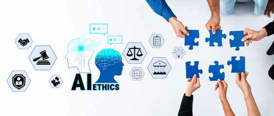Collaborative Efforts in Artificial Intelligence Ethics with Puzzle Pieces Symbolizing Decision...
