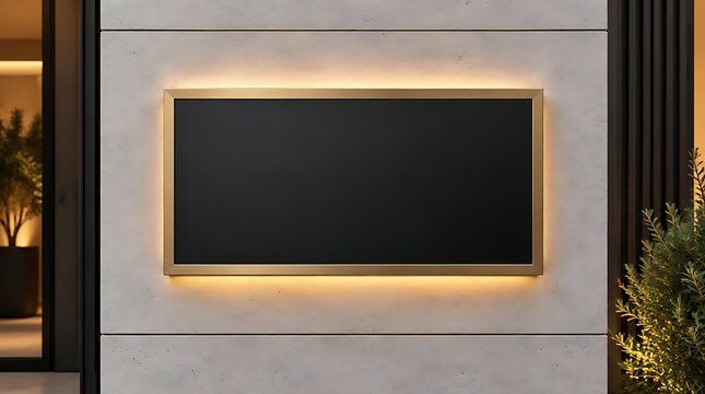 Elegant horizontal black signage with a gold frame and warm LED backlighting on a stone wall, ideal for premium brand mockups and storefront logo displays.