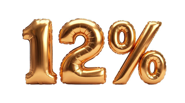 Rose gold foil balloons forming the number twelve percent with a brilliant shiny metallic surface on a clear transparent backdrop
