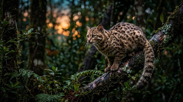 kodkod ( Leopardus guigna ) perching and observing from tree branch