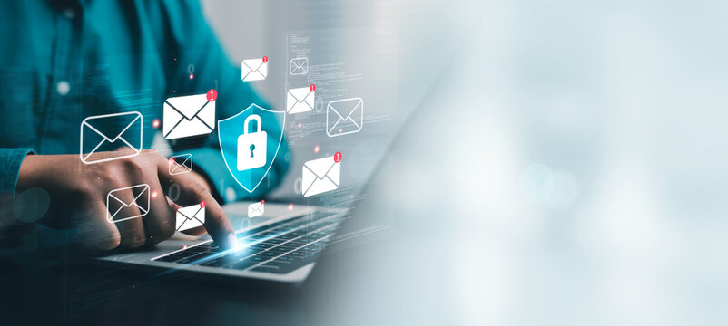 Cybersecurity concept showing secure email communication on a laptop with a digital shield and lock, representing privacy, data protection, phishing prevention, online security, encrypted messaging.