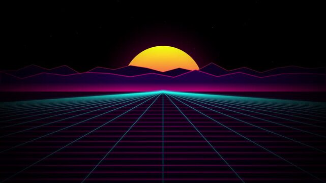 Retro synthwave landscape with glowing sun and neon grid