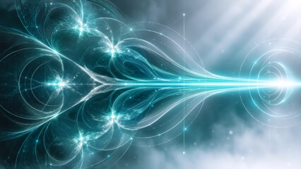 Fototapeta premium Glowing turquoise energy lines sweep across a bright abstract background with circular light trails and soft mist, creating a futuristic and dynamic digital concept.