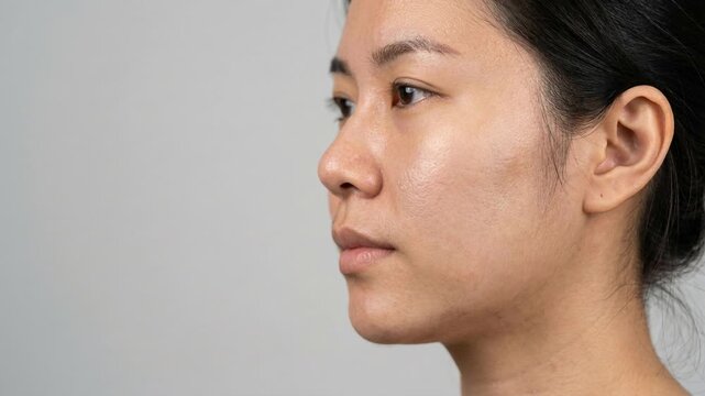 Before and after acne treatment on Asian woman face, skin transformation comparison with wipe transition, dermatology result