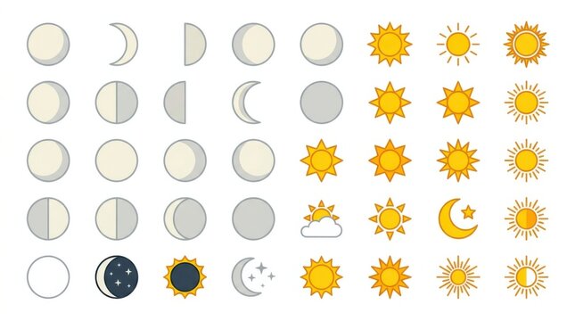 Flat weather icons set showing moon and sun phases