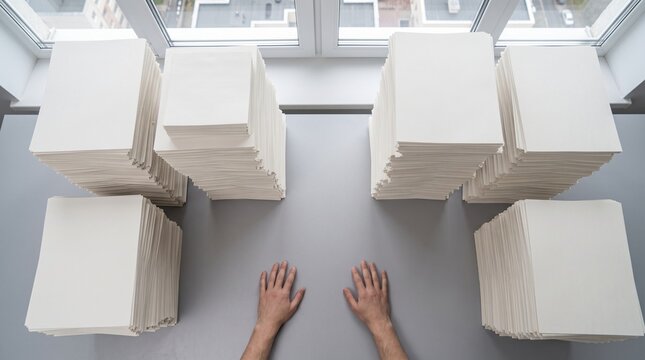 Large stacks of white paper on office desk representing heavy workload, administrative bureaucracy, and document management with hands of a tired employee