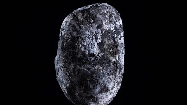 Single baked potato in skin isolated on black background. Macro view of a whole potato baked in coals split open to show fluffy yellow texture. Rustic organic food concept isolated on black, close up