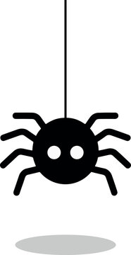Black spider silhouette hanging from a thread on white background
