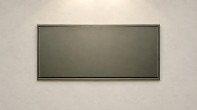 Minimalist mockup of a blank widescreen television or dark grey framed canvas mounted on a textured neutral wall with soft overhead gallery lighting for digital media display.