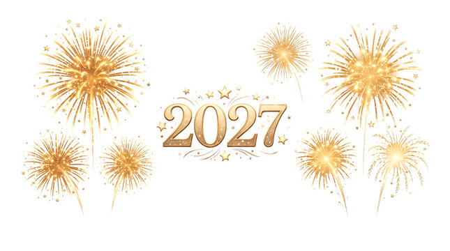 Golden 2027 new year celebration with festive fireworks isolated on transparent background