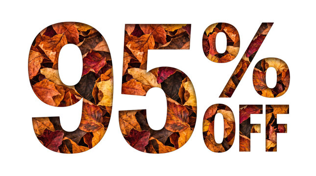 Beautiful autumn leaves creatively shaped as a ninety five percent off text design for seasonal sales promotions on a clear background
