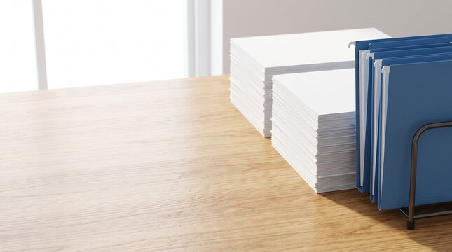 Blue hanging file folders and stacks of white paper on wooden desk in bright minimalist office background with copy space for business organization and document management concept