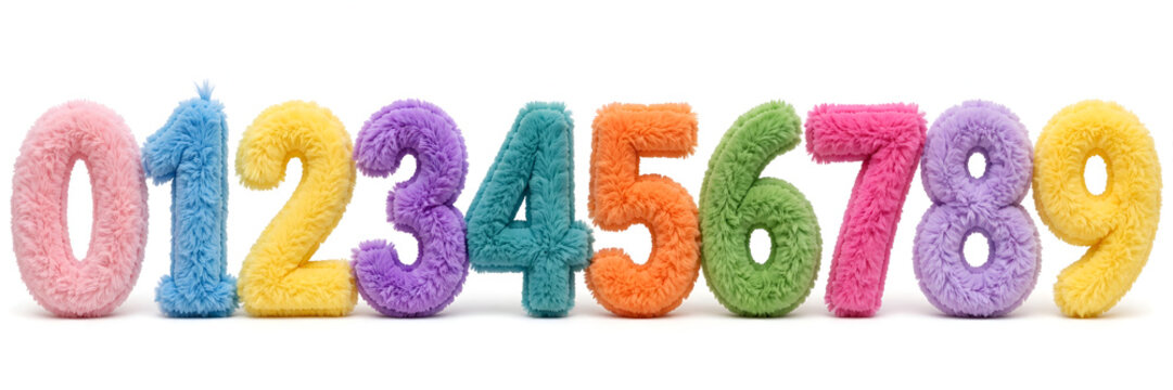 Colorful fluffy numbers from 0 to 9 arranged in a row on a clean white background, featuring soft furry textures and playful pastel colors.