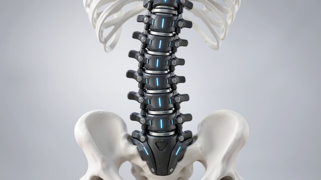 Futuristic Bionic Spine Implant: Advanced Cybernetic Vertebrae and Robotic Prosthetic Lumbar Replacement in Human Skeleton