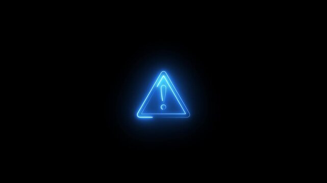 Glowing blue neon warning triangle with an exclamation mark on a dark background, creating a futuristic alert symbol for technology and digital interfaces.