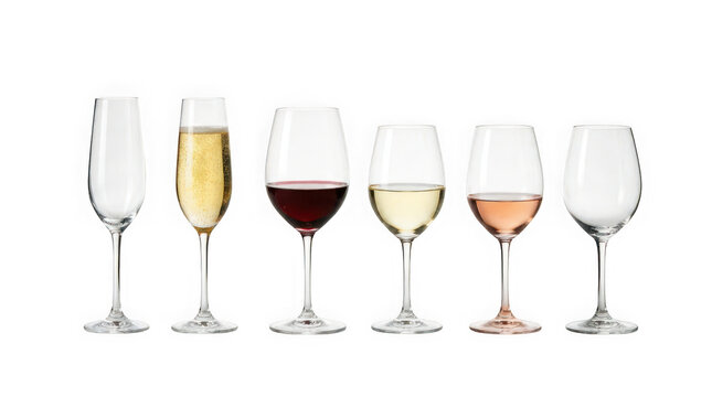 Set of various wine glasses with different types of wine isolated on transparent background