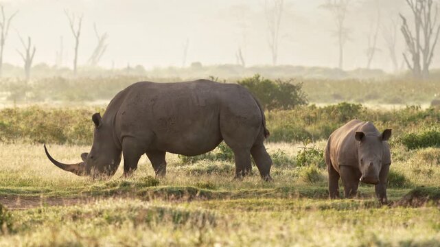 Video footage of African rhinoceros walking through grassland near Lake Nakuru in Lake Nakuru National Park, Kenya.
