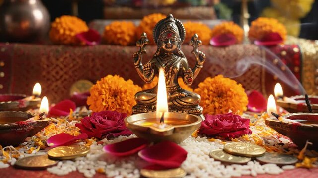 Traditional Hindu Puja Altar Setup with Goddess Lakshmi Idol, Lit Oil Lamps, Marigold Flowers, and Offering Coins for Spiritual Prosperity and Religious ... See More