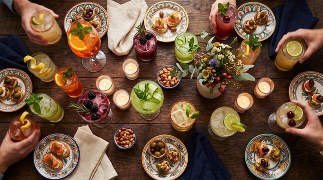 Overhead view of friends enjoying colorful cocktails and tapas at a rustic wooden dinner table