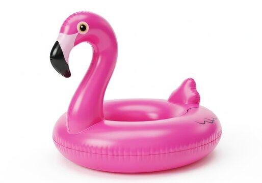 Pink inflatable flamingo floatie on white background
