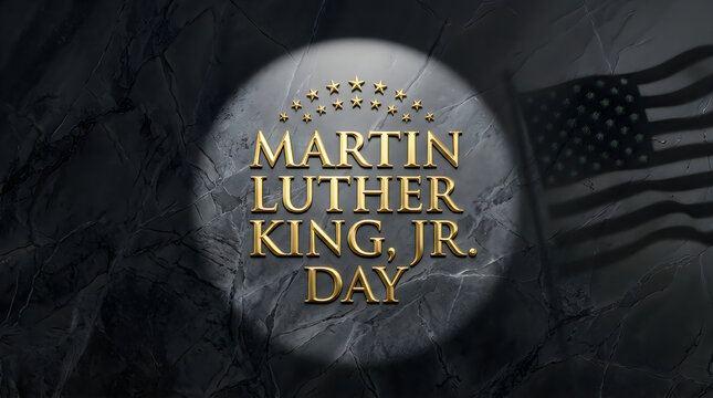 Martin luther king jr day gold text lettering design with stars on a dark grey textured background