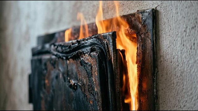 Steel access hatch emitting hot pulsing smoke past a warped gasket and scorched paint along a stairwell wall
