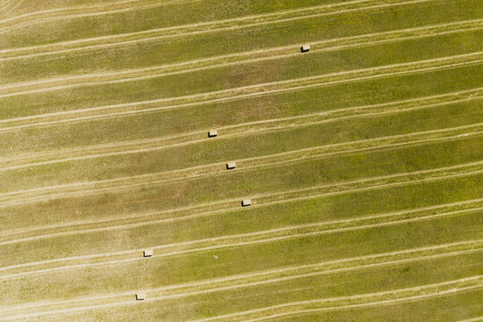 Aerial view of harvested field with scattered hay bales and parallel tractor tracks in the rural landscape of Buch, Berlin, Berlin, Germany.